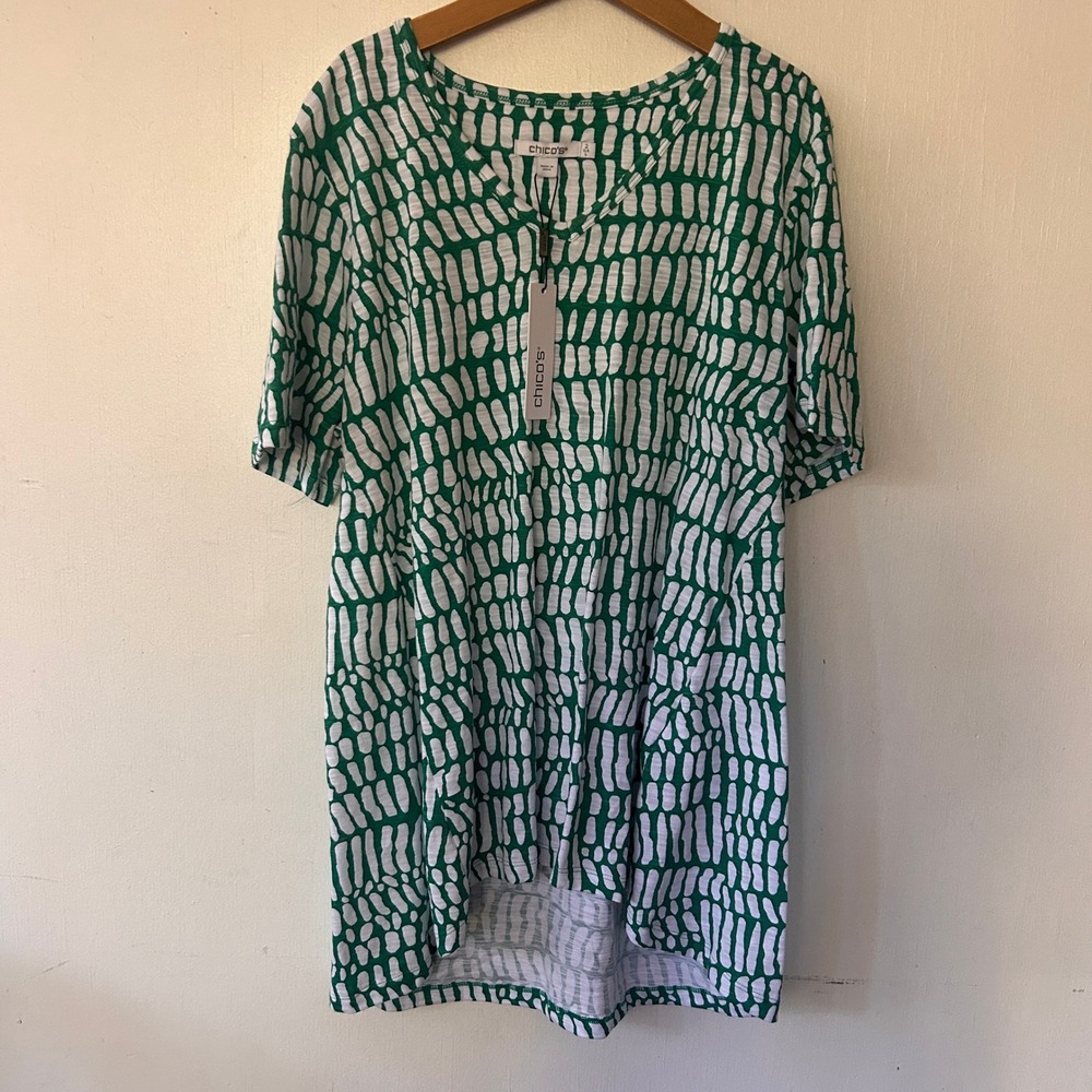 Chicos Cotton Slub Tee Womens Large Eden Green Abstract V-Neck Casual Modern NWT